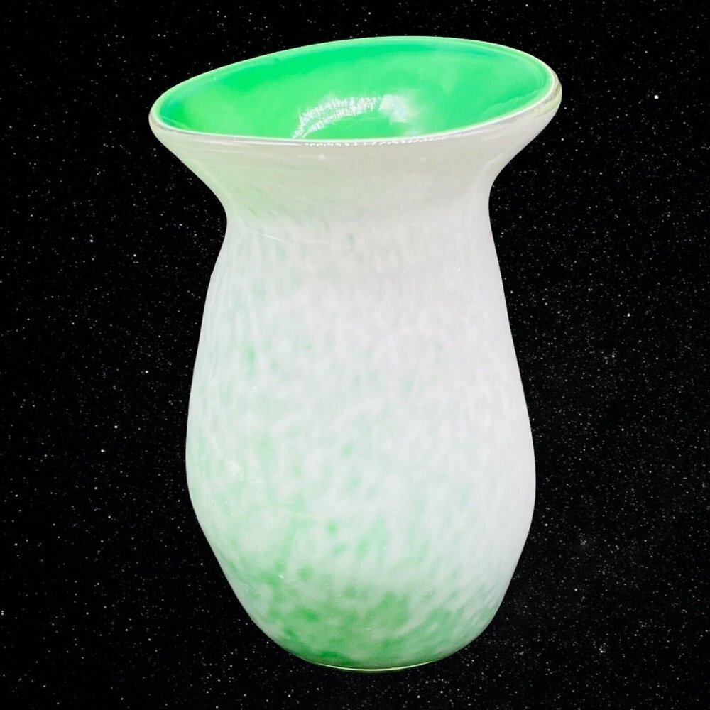 Vintage Art Glass Cased Curved Free Form Green‎ Interior Vase 6”T 4”W